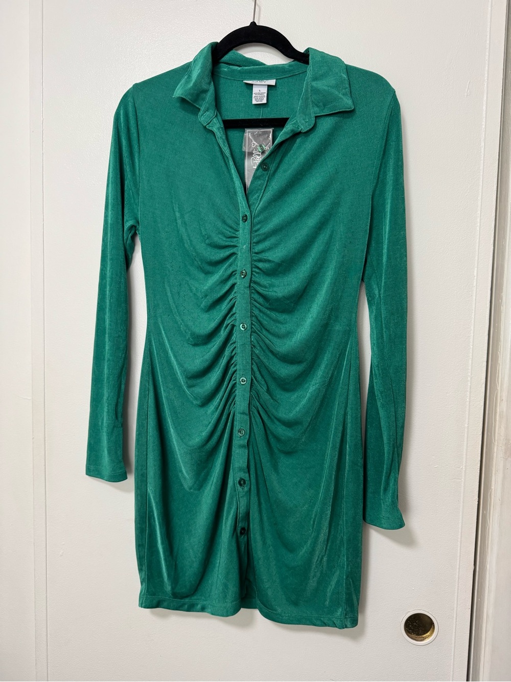 Button-Front Emerald Green Ruched Mini Dress